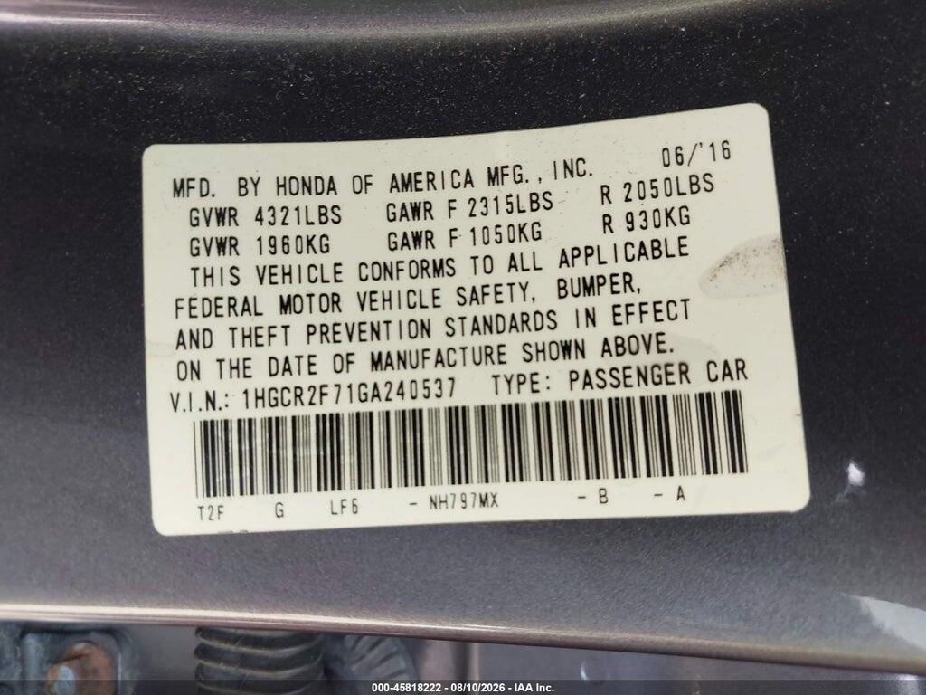 1HGCR2F71GA240537 2016 HONDA ACCORD photo no. 9