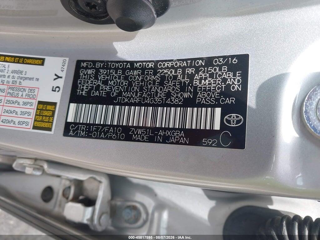 JTDKARFU4G3514382 2016 TOYOTA PRIUS photo no. 9