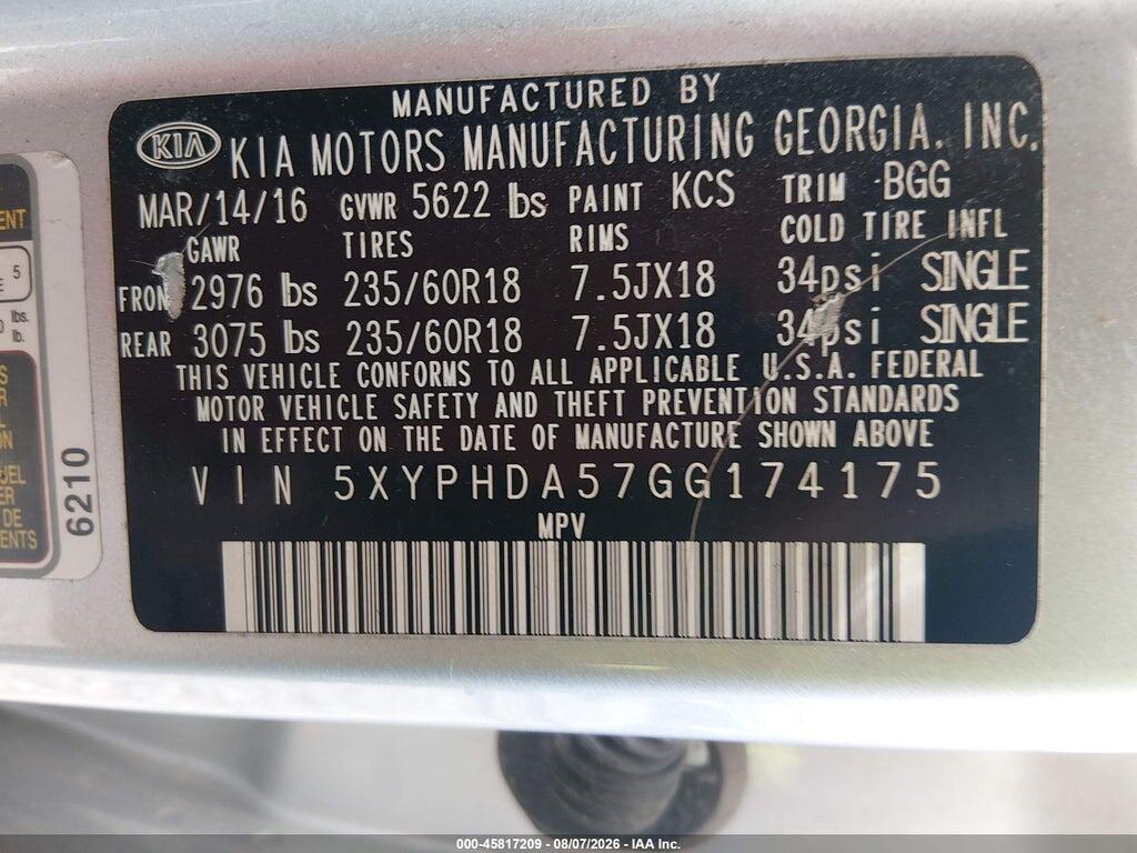 5XYPHDA57GG174175 2016 KIA SORENTO photo no. 9