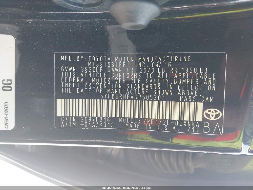 5YFBURHE4GP505301 2016 TOYOTA COROLLA photo no. 9