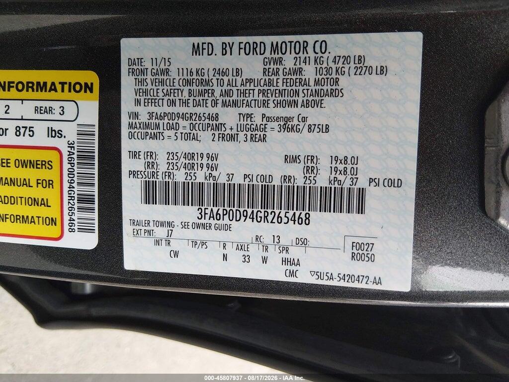 3FA6P0D94GR265468 2016 FORD FUSION photo no. 9