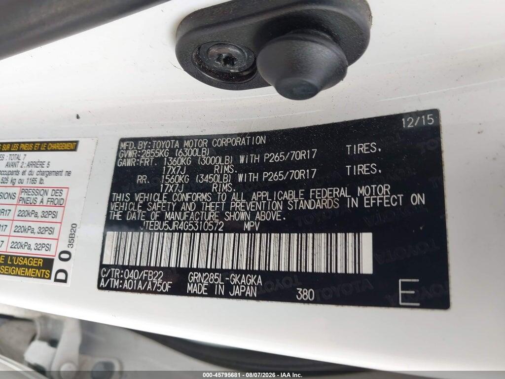 JTEBU5JR4G5310572 2016 TOYOTA 4RUNNER photo no. 9