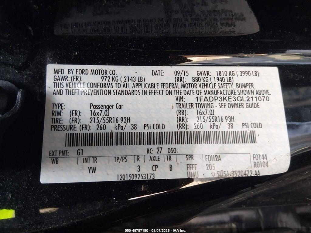 1FADP3KE3GL211070 2016 FORD FOCUS photo no. 9