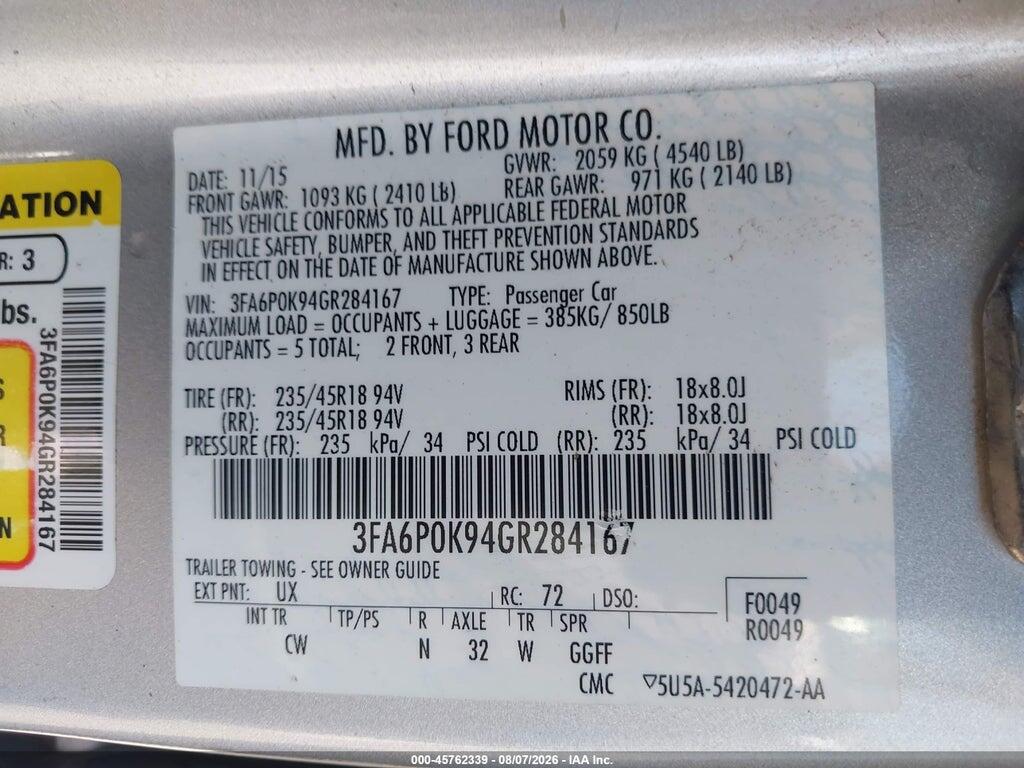 3FA6P0K94GR284167 2016 FORD FUSION photo no. 9