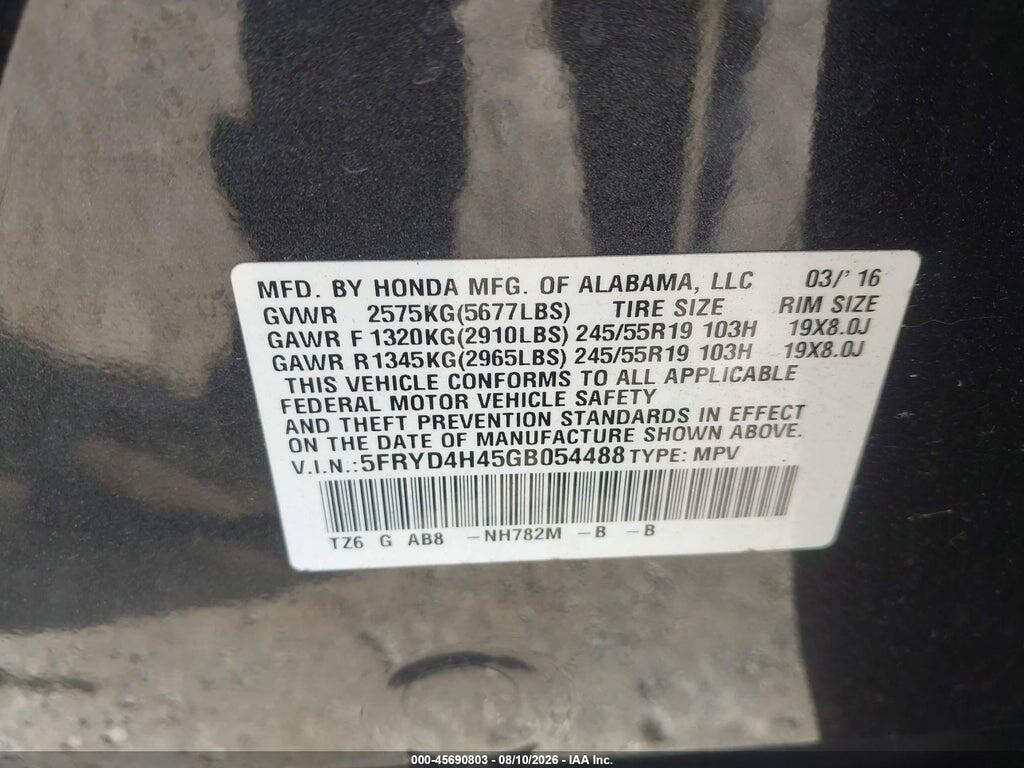5FRYD4H45GB054488 2016 ACURA MDX photo no. 9