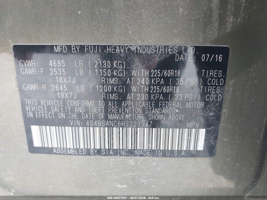 4S4BSANC6H3222947 2017 SUBARU OUTBACK photo no. 9