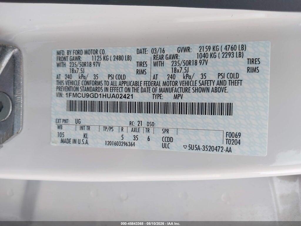 1FMCU9GD1HUA02421 2017 FORD ESCAPE photo no. 9
