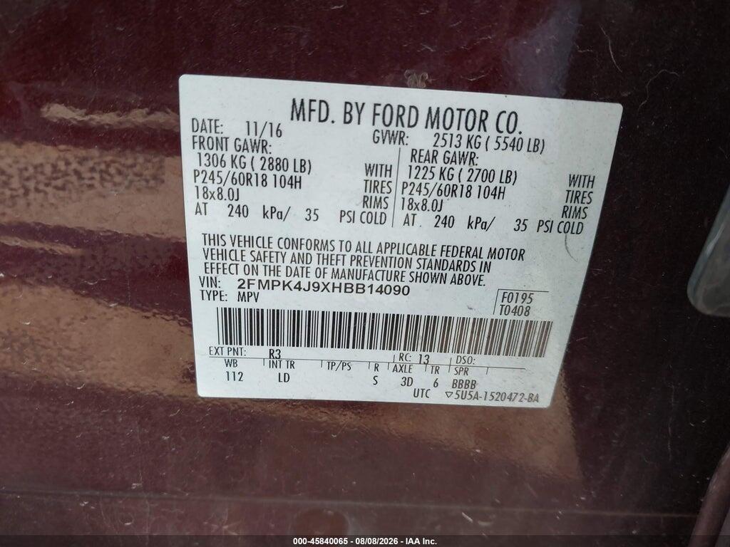 2FMPK4J9XHBB14090 2017 FORD EDGE photo no. 9