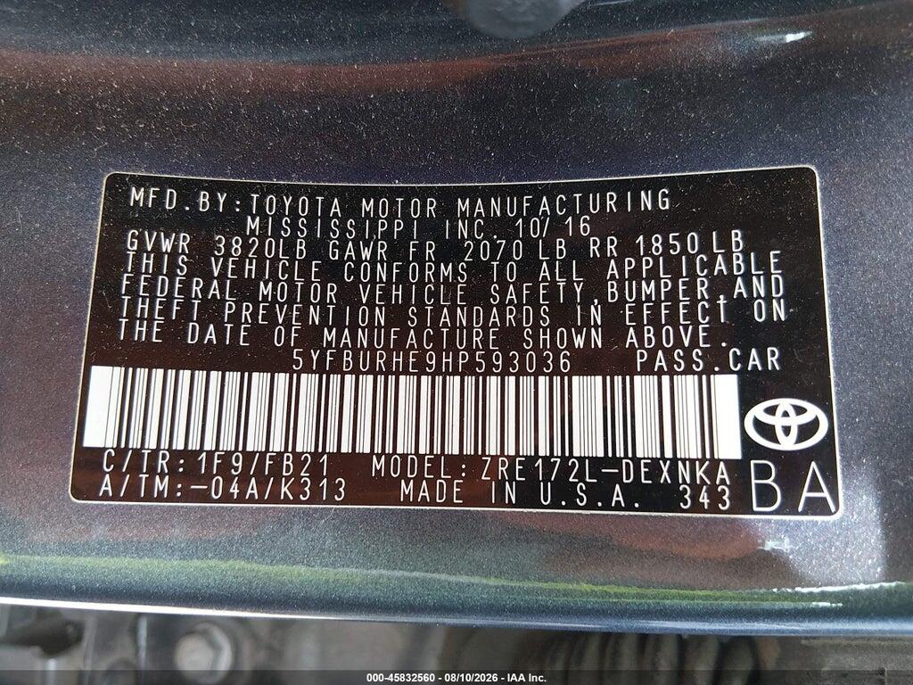 5YFBURHE9HP593036 2017 TOYOTA COROLLA photo no. 9
