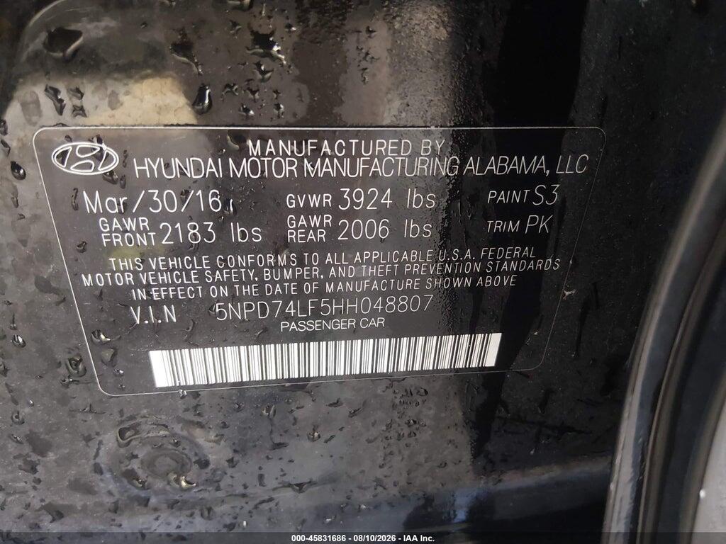 5NPD74LF5HH048807 2017 HYUNDAI ELANTRA photo no. 9