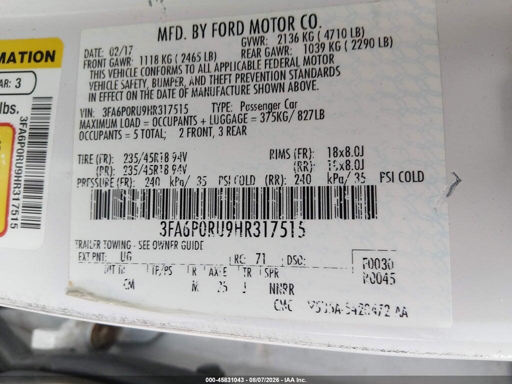 3FA6P0RU9HR317515 2017 FORD FUSION HYBRID photo no. 9