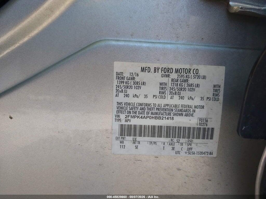 2FMPK4AP0HBB21418 2017 FORD EDGE photo no. 9