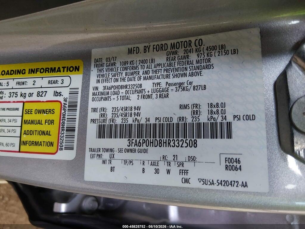 3FA6P0HD8HR332508 2017 FORD FUSION photo no. 9