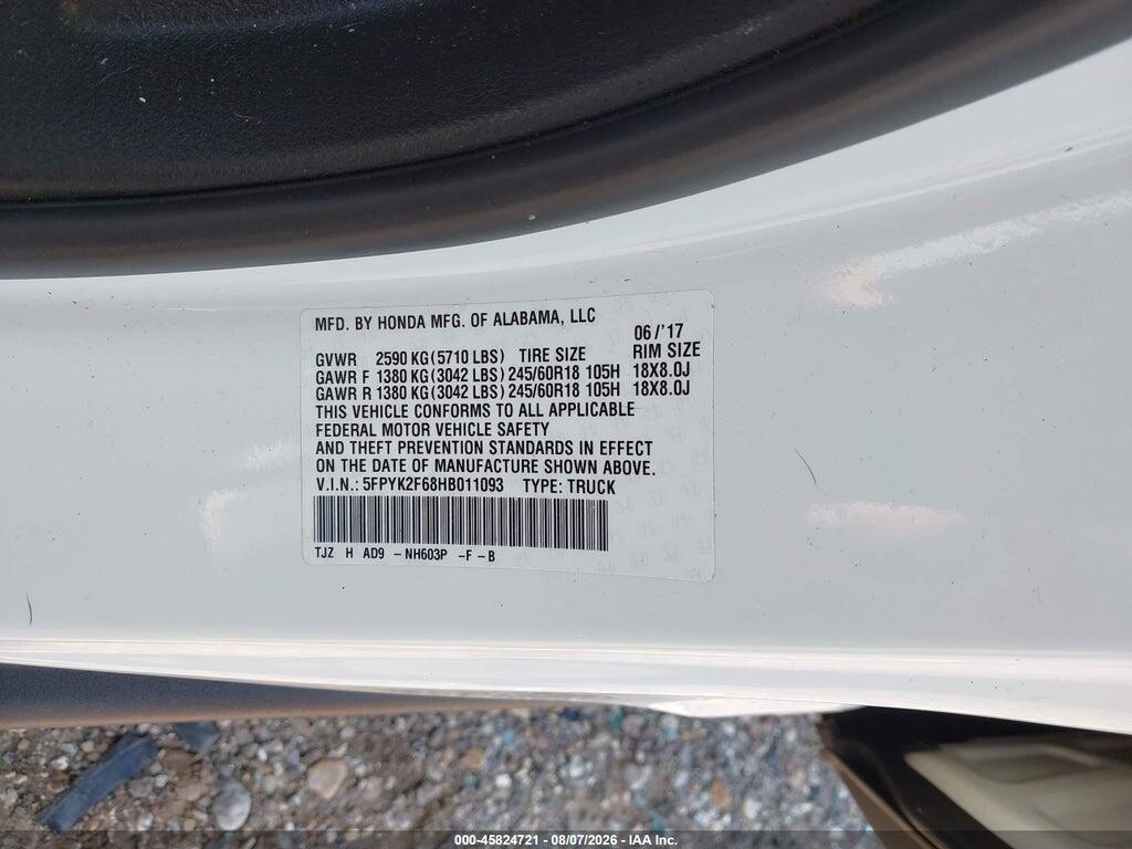 5FPYK2F68HB011093 2017 HONDA RIDGELINE photo no. 9