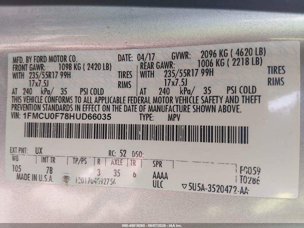1FMCU0F78HUD66035 2017 FORD ESCAPE photo no. 9
