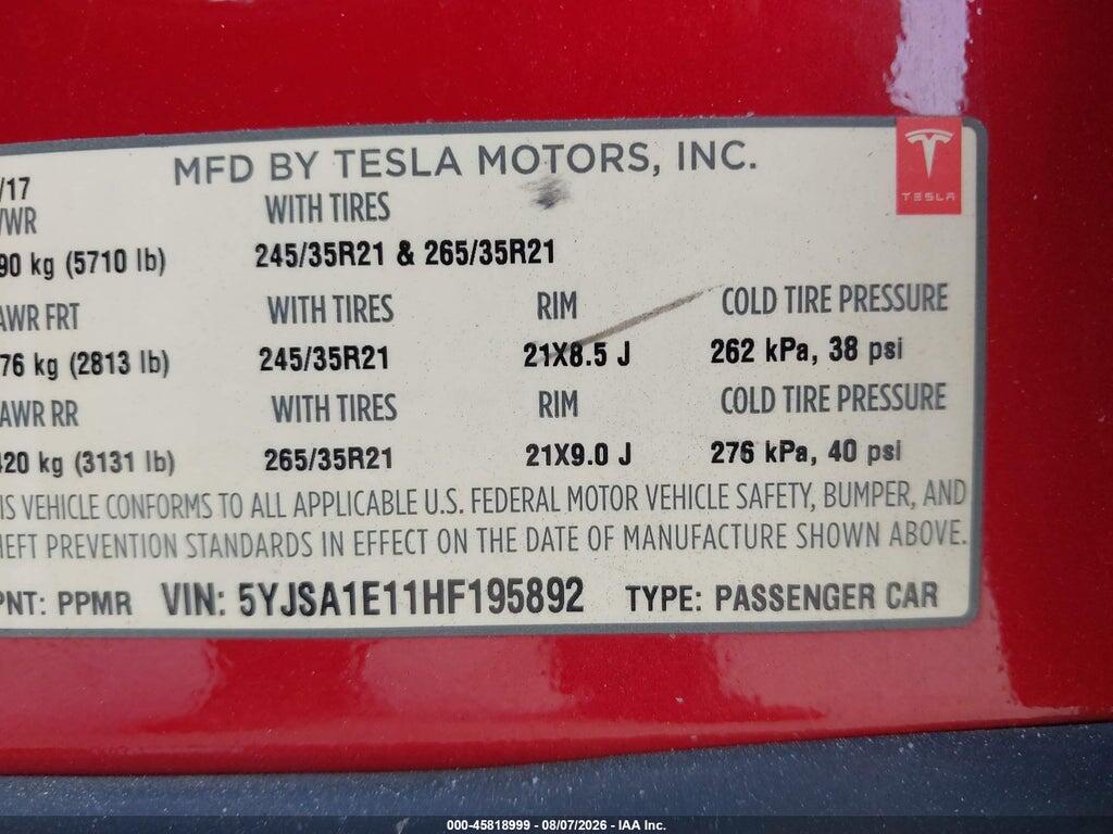 5YJSA1E11HF195892 2017 TESLA MODEL S photo no. 9