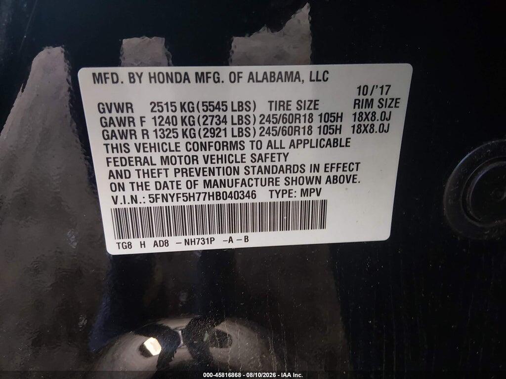 5FNYF5H77HB040346 2017 HONDA PILOT photo no. 9