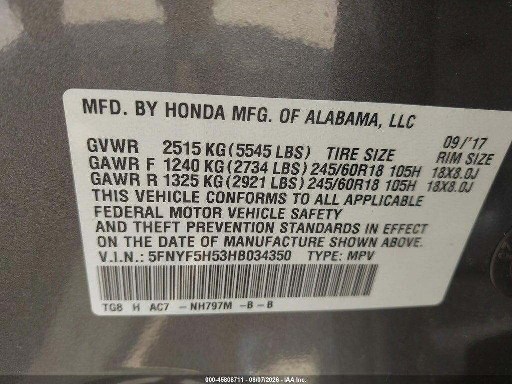 5FNYF5H53HB034350 2017 HONDA PILOT photo no. 9