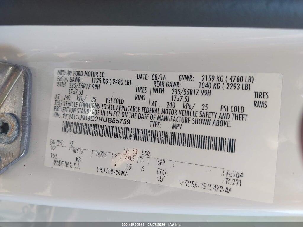 1FMCU9GD2HUB55759 2017 FORD ESCAPE photo no. 9