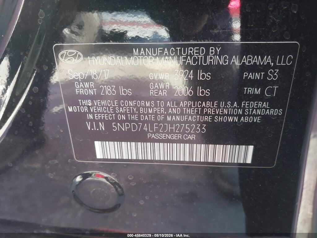5NPD74LF2JH275233 2018 HYUNDAI ELANTRA photo no. 9