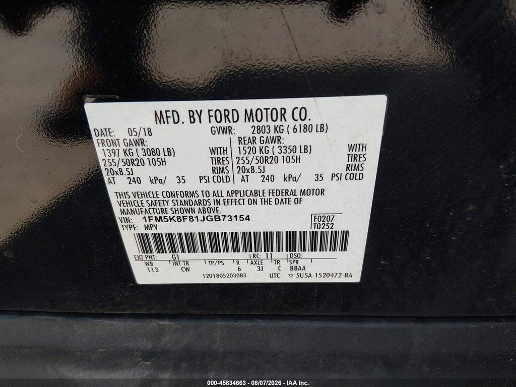 1FM5K8F81JGB73154 2018 FORD EXPLORER photo no. 9