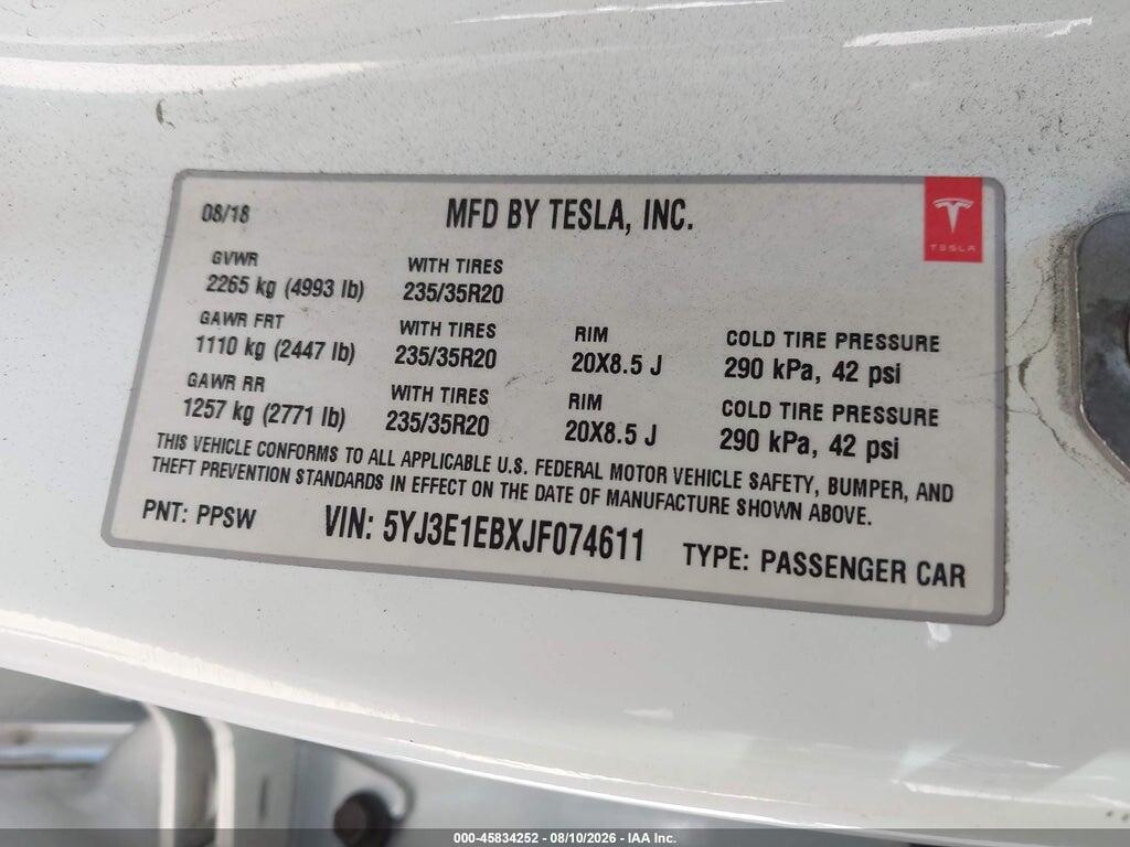 5YJ3E1EBXJF074611 2018 TESLA MODEL 3 photo no. 9
