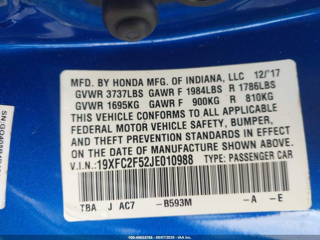 19XFC2F52JE010988 2018 HONDA CIVIC photo no. 9