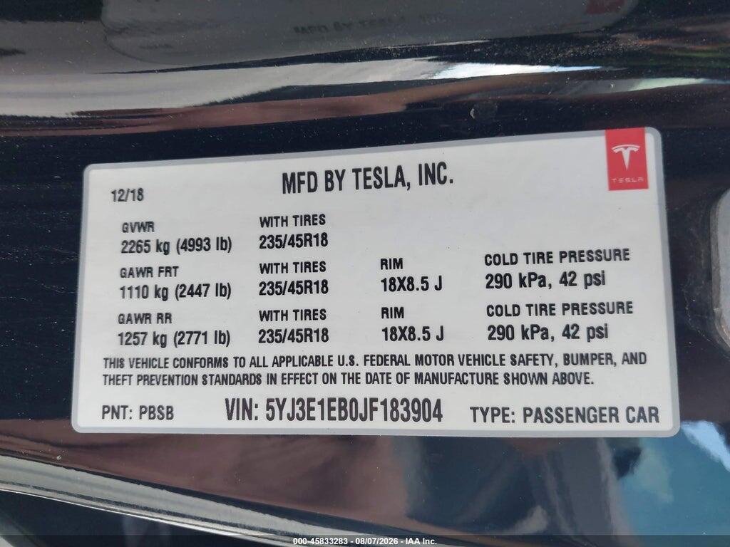 5YJ3E1EB0JF183904 2018 TESLA MODEL 3 photo no. 9
