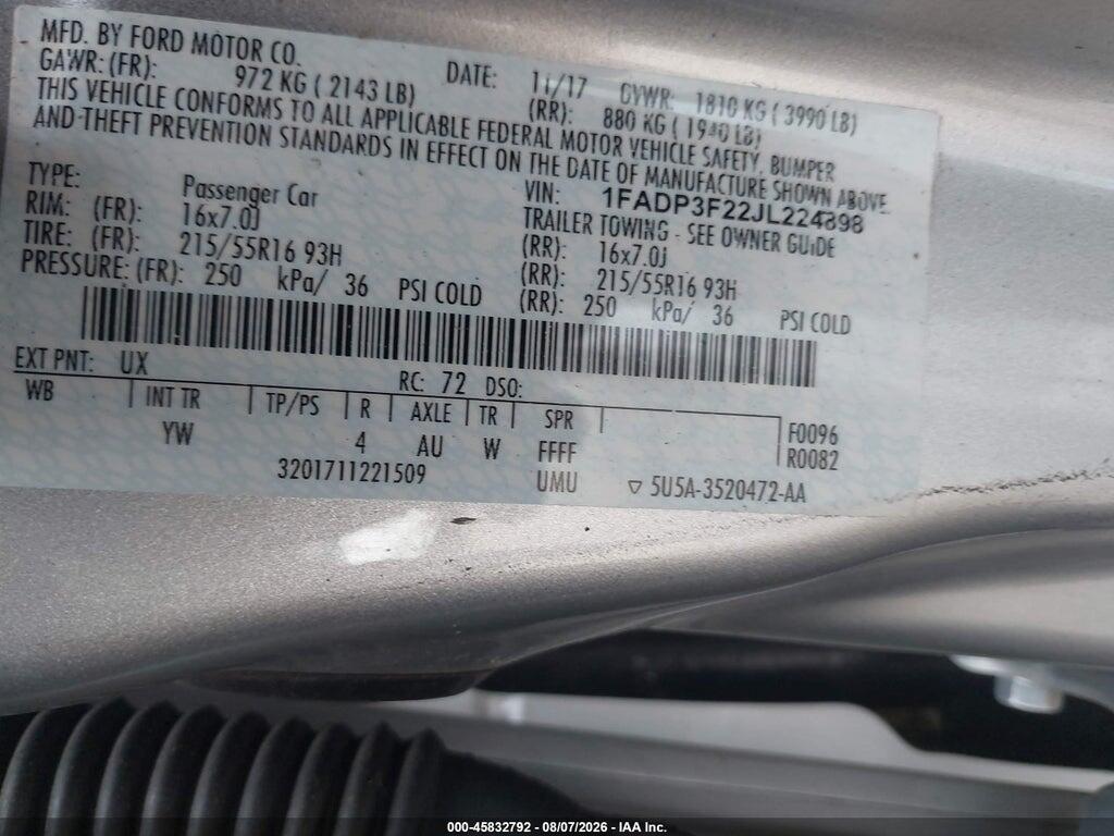 1FADP3F22JL224898 2018 FORD FOCUS photo no. 9