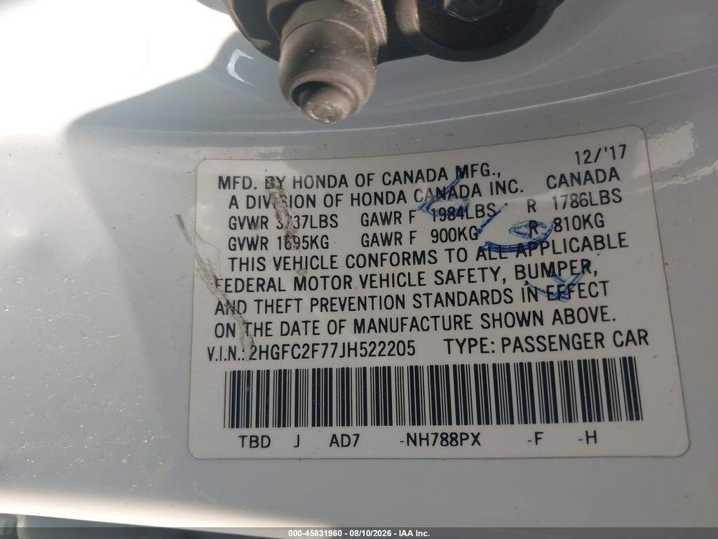 2HGFC2F77JH522205 2018 HONDA CIVIC photo no. 9