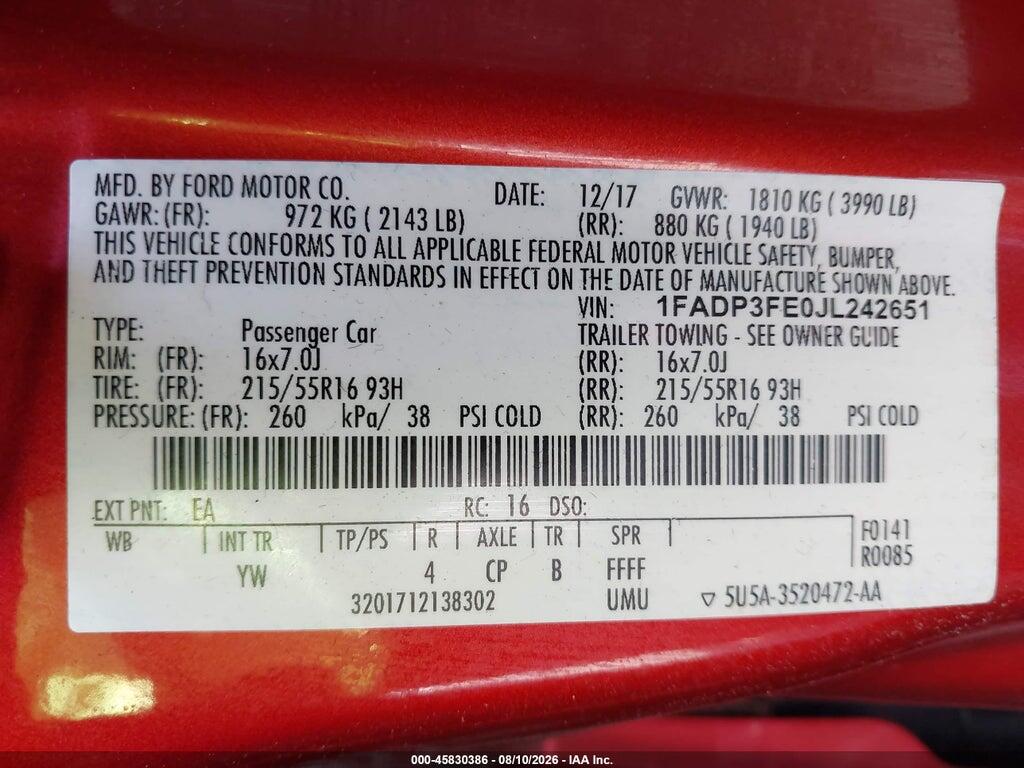1FADP3FE0JL242651 2018 FORD FOCUS photo no. 9