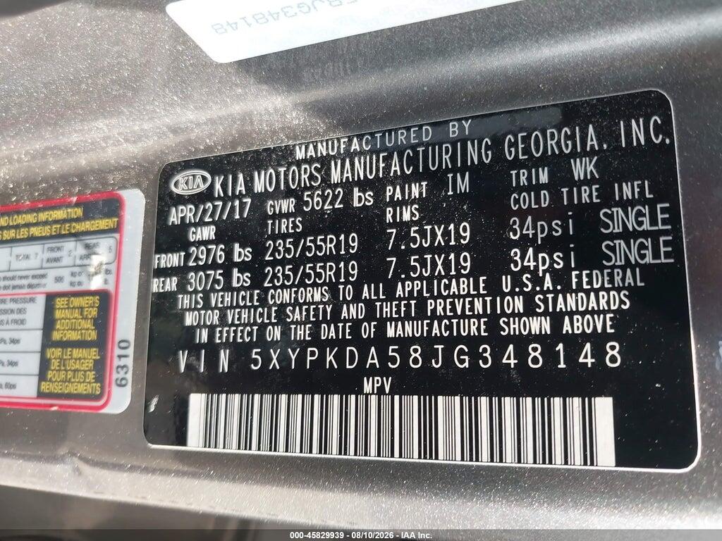 5XYPKDA58JG348148 2018 KIA SORENTO photo no. 9