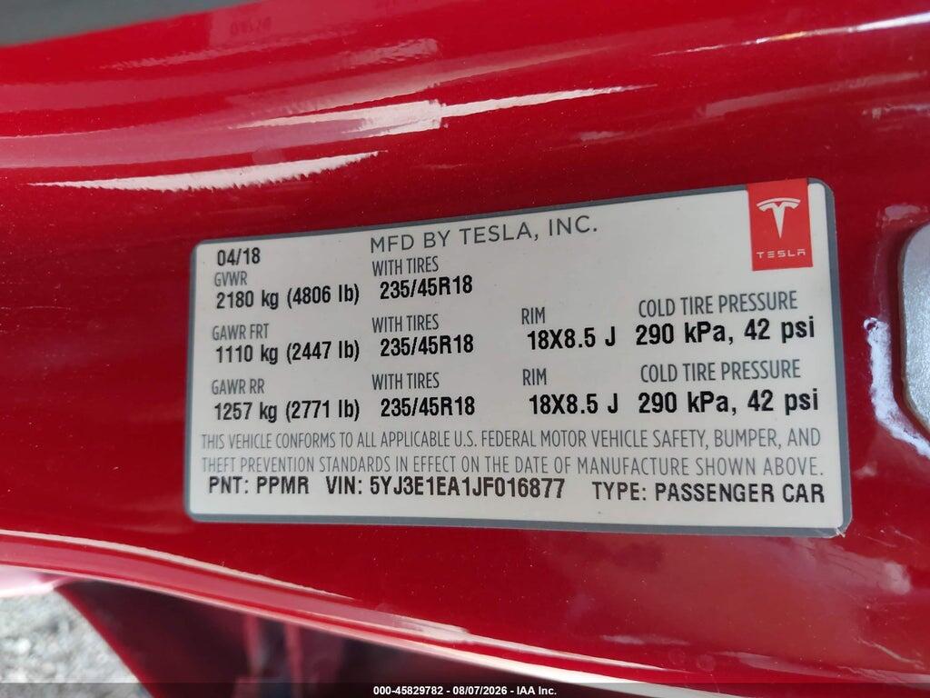 5YJ3E1EA1JF016877 2018 TESLA MODEL 3 photo no. 9