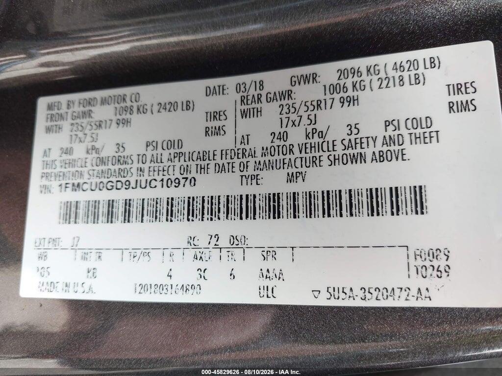 1FMCU0GD9JUC10970 2018 FORD ESCAPE photo no. 9