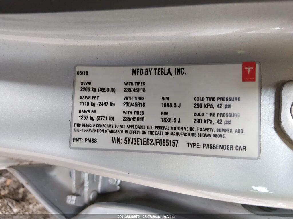 5YJ3E1EB2JF065157 2018 TESLA MODEL 3 photo no. 9