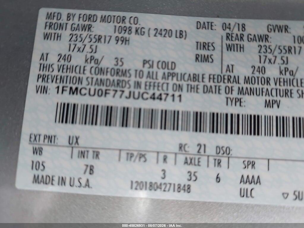 1FMCU0F77JUC44711 2018 FORD ESCAPE photo no. 9