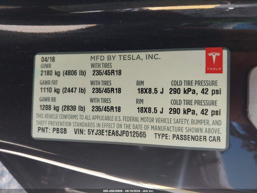 5YJ3E1EA6JF012565 2018 TESLA MODEL 3 photo no. 9