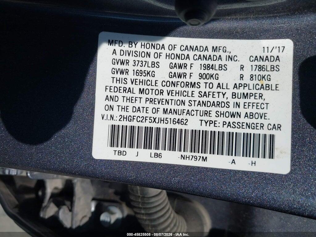 2HGFC2F5XJH516462 2018 HONDA CIVIC photo no. 9