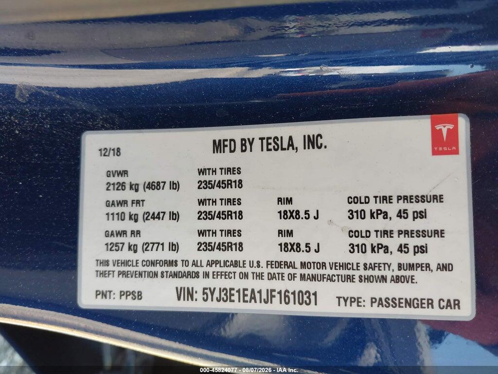 5YJ3E1EA1JF161031 2018 TESLA MODEL 3 photo no. 9