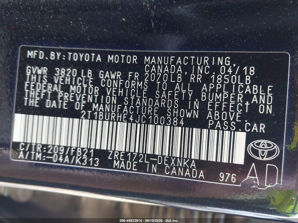 2T1BURHE4JC100384 2018 TOYOTA COROLLA photo no. 9