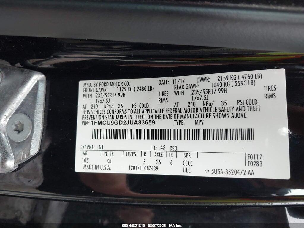 1FMCU9GD2JUA83659 2018 FORD ESCAPE photo no. 9