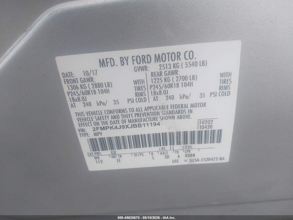2FMPK4J9XJBB11194 2018 FORD EDGE photo no. 9