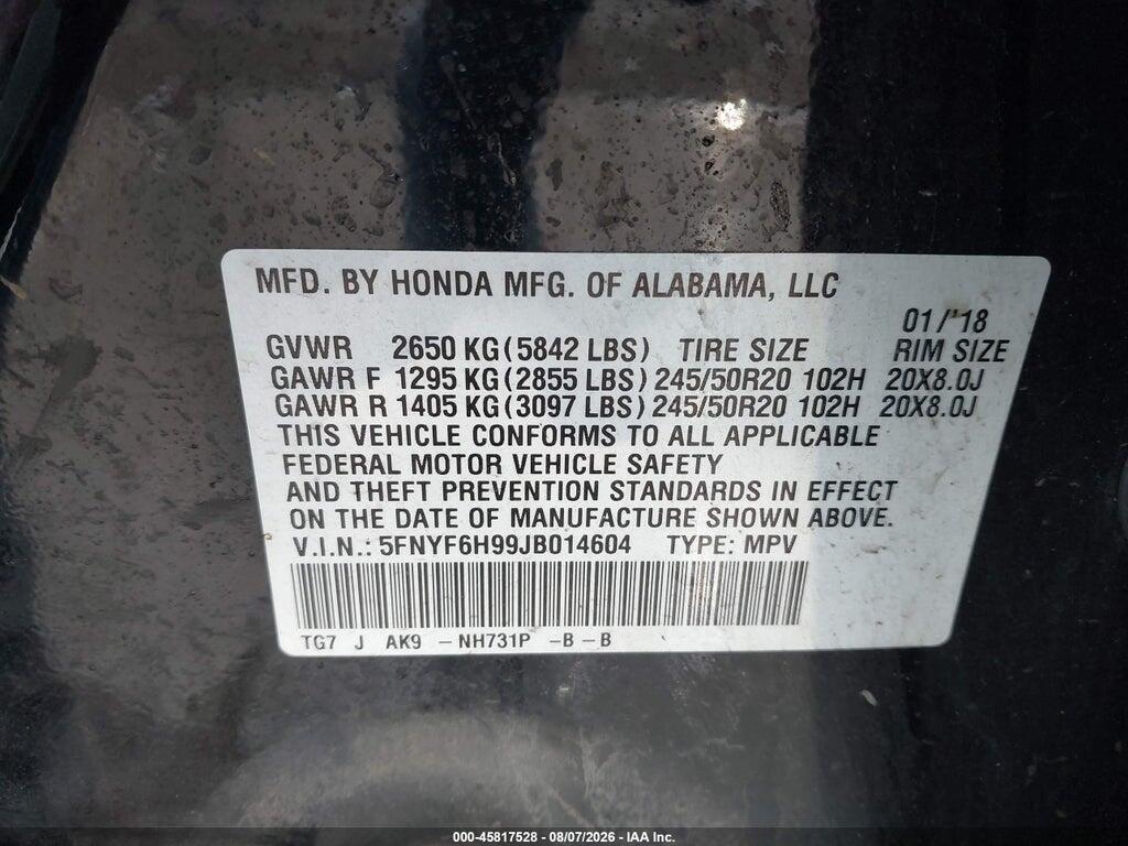 5FNYF6H99JB014604 2018 HONDA PILOT photo no. 9