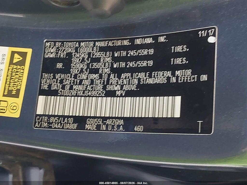 5TDDZRFHXJS499252 2018 TOYOTA HIGHLANDER photo no. 9