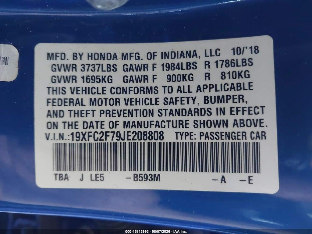 19XFC2F79JE208808 2018 HONDA CIVIC photo no. 9