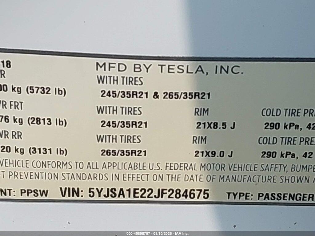 5YJSA1E22JF284675 2018 TESLA MODEL S photo no. 9