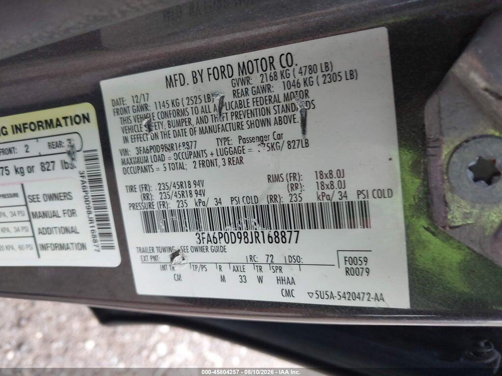 3FA6P0D98JR168877 2018 FORD FUSION photo no. 9
