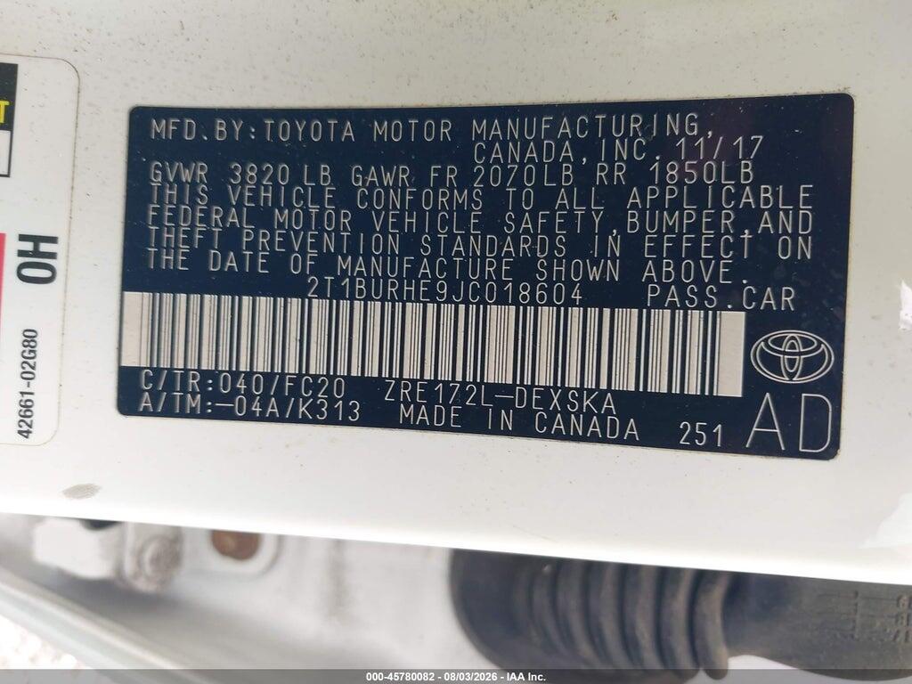 2T1BURHE9JC018604 2018 TOYOTA COROLLA photo no. 9