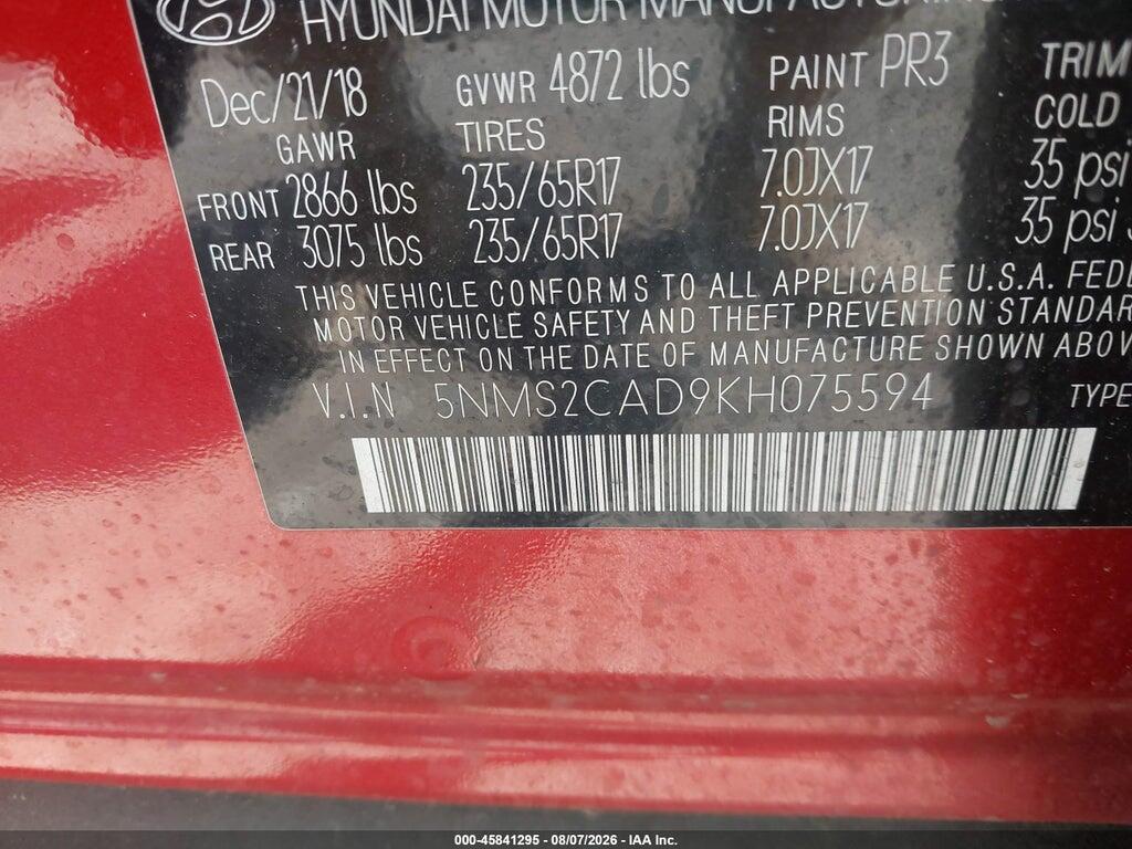5NMS2CAD9KH075594 2019 HYUNDAI SANTA FE photo no. 9