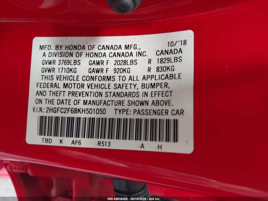2HGFC2F68KH501050 2019 HONDA CIVIC photo no. 9